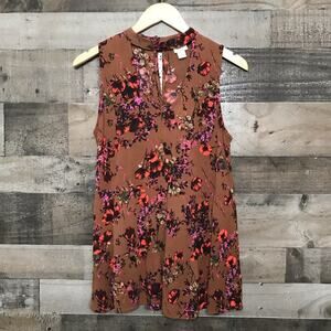 Mossimo Floral Tiered Tank Top Brown Blouse Choker Cutout Fairy Preppy Size S